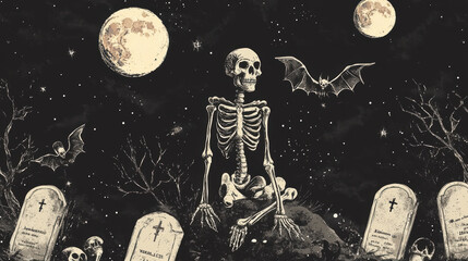Fototapeta premium A spooky Halloween background featuring skeletons, tombstones, and bats under starry sky