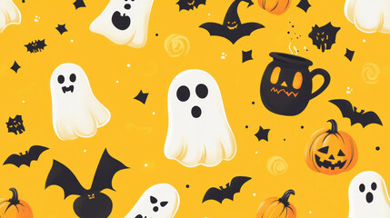 Spooky ghosts and pumpkins create festive Halloween background