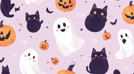 Obraz premium Cheerful ghosts and playful black cats with pumpkins create festive Halloween scene