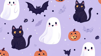 Naklejka premium Cheerful ghosts and black cats create fun Halloween background with pumpkins