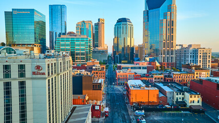 Aerial Downtown Nashville Skyline at Golden Hour from High Vantage Point