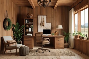 Cozy Rustic Home Office Mockup in Natural Setting with Earthy Tones and Comfortable Furniture