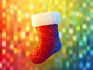 Flat Holographic Christmas Stocking Hanging Cheerfully: A Vector Illustration Emphasizing Texture in a Bright Background