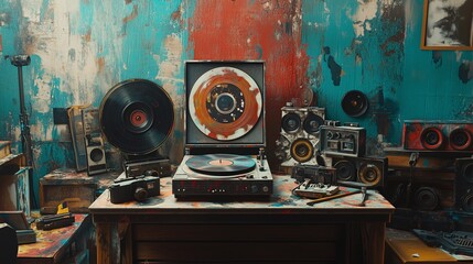 A record player surrounded by vintage cameras and old film reels in an artist's studio, with paint splattered on the walls