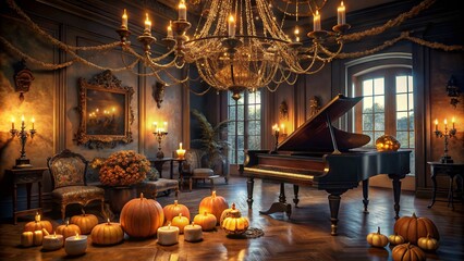 Spooky ambiance illuminates a dimly lit room with jack-o-lanterns, cobweb-draped chandeliers, and ornate pumpkins