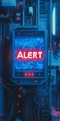 Futuristic holographic blue panel with the word Alert in red
