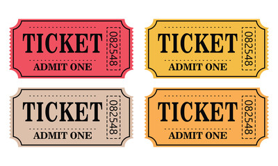 A set of movie colored ticket . Retro ticket design template. Tickets for cinema, movie, circus, carnival, film, festival, etc. Vector illustration.
