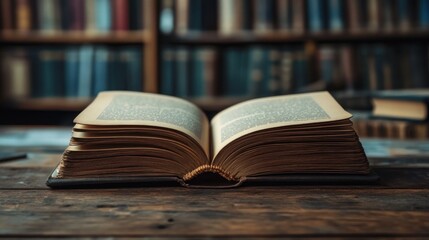 Fototapeta premium Open Book on Wooden Table