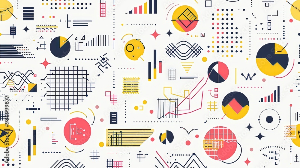 Poster this pattern features a repeating design of abstract business graphs and icons.