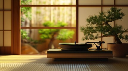 Fototapeta premium A record player in a tranquil Japanese tea room, with bamboo mats, sliding paper doors, and a bonsai tree nearby