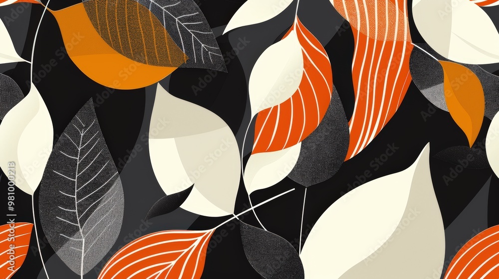 Poster this pattern features a series of abstract leaf shapes with bold colors and dynamic arrangements.