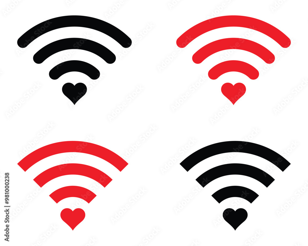 Aufkleber wireless internet and heart wifi vector icon set. black and red color symbol. wi-fi sign. love conne