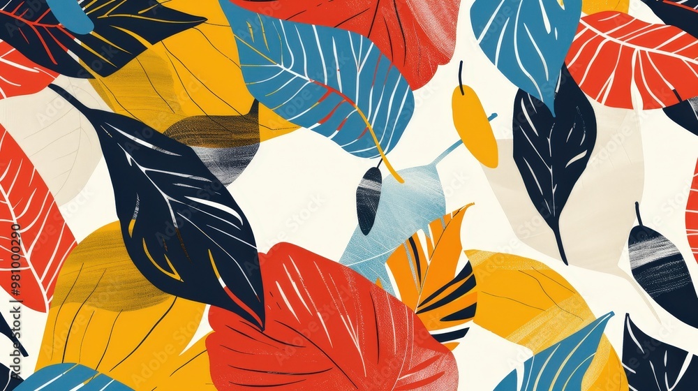 Poster this pattern features a series of abstract leaf shapes with bold colors and dynamic arrangements.