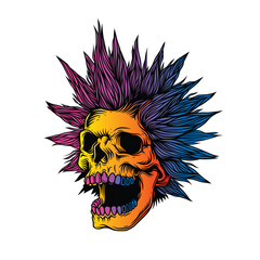 A skull with an open mouth and a punk rock hairstyle. T-shirt design, stickers, print.