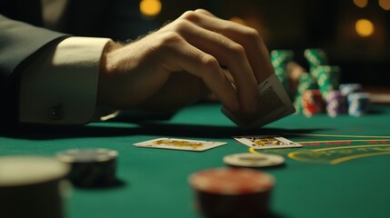 A hand playing cards at a casino table with chips and a green felt surface.