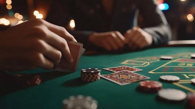 A close-up of hands playing cards at a casino table, surrounded by poker chips and a vibrant atmosphere.