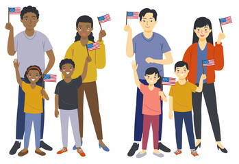 Obraz premium African and Asian immigrant families holding american flags