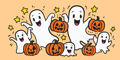 This is a cute cartoon of ghost with pumpkin in Halloween festival.