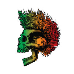 A skull with an open mouth and a punk rock hairstyle. T-shirt design, stickers, print.