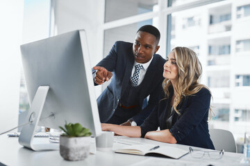 Business people, accountant and coach with computer for corporate budget, expenses or financial...