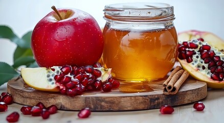 Fresh red apple, pomegranate seeds, and honey in a jar on a wood slice.