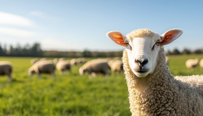 Fototapeta premium A peaceful flock of sheep scattered across a sunny field, with one sheep looking directly into the camera, capturing the essence of rural serenity.