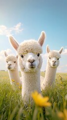Naklejka premium A playful group of alpacas munching on fresh grass, with one alpaca stopping to look curiously into the camera, surrounded by a sunlit meadow of tall grasses.
