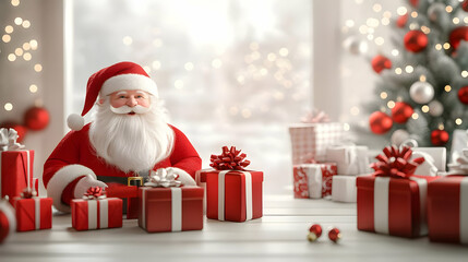 3D Santa's Gift Wrapping Station Concept: Showcase Santa Wrapping Gifts with Glossy Paper and Ribbons, Featuring Scenic Background Space for Text