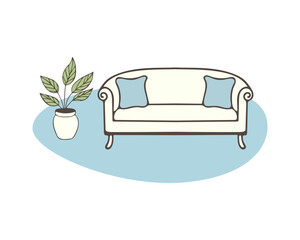 Sofa with blue pillows and an indoor plant in pot, cozy home interior flat design. Hand drawn contour drawing. Vector illustration