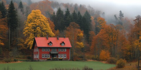 A serene autumn scene featuring a solitary house with a red roof nestled in a forest of vibrant fall foliage, shrouded in a light mist
