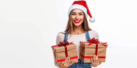 During the Christmas season, a cheerful woman wearing a Santa hat happily holds festive gifts, embracing the joyful and celebratory spirit of the holidays with happiness and delight