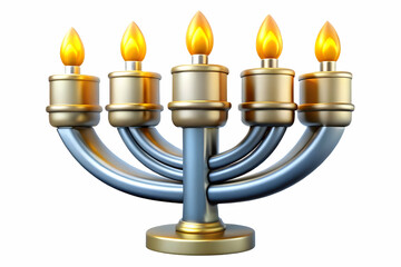 Fototapeta premium Close-Up of Futuristic Metallic Menorah with Glowing Hanukkah Candles - Modern High-Tech Photography Concept Featuring Flame Details and Sleek Reflections