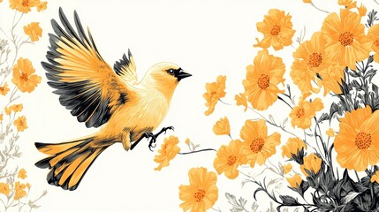 Naklejka premium Illustrated Bird in Flight Among Vibrant Orange Blooms on a Subtle Background