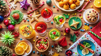Fototapeta premium Vibrant and colorful festive holiday party flat lay with cocktails, appetizers, confetti, and party hats scattered on a decorated table, ready for celebration.