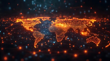 Interactive global network analysis with glowing connections and network nodes across a world map