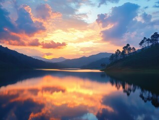 Fototapeta premium Lake and Mountain at Sunset