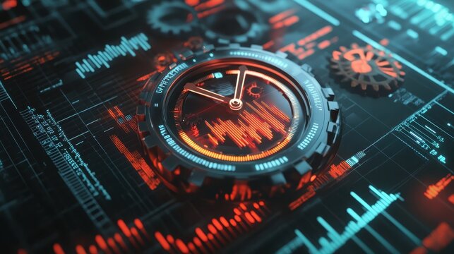 Abstract clock with gears and charts, symbolizing business time management, 3D illustration - Powered by Adobe