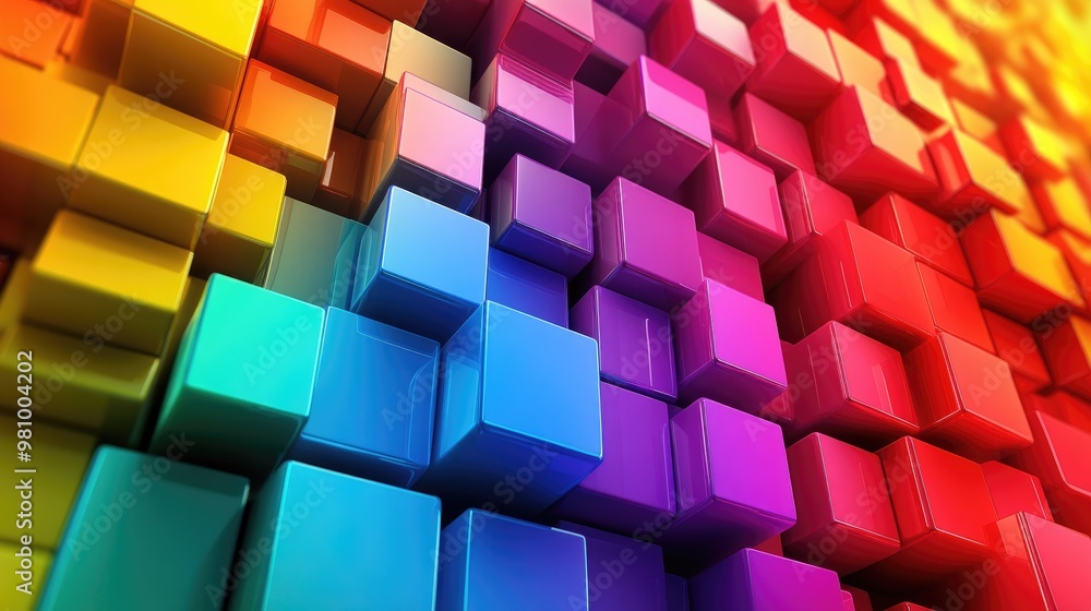 Poster colorful cubes in an intricate 3d design, featuring prominent edges and a visually stimulating geome