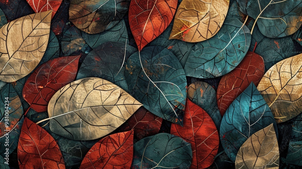 Poster this pattern showcases a series of overlapping leaf silhouettes with intricate textures.