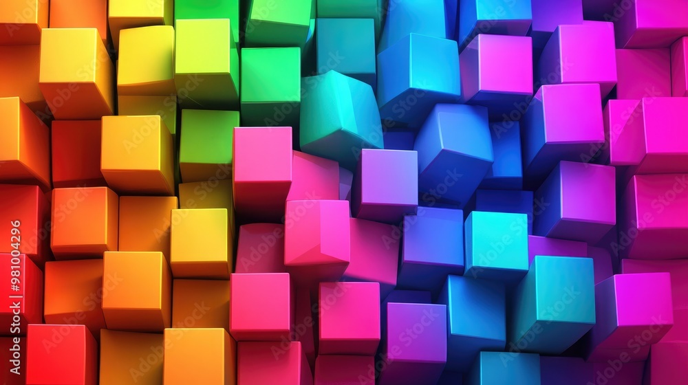 Poster colorful three-dimensional cubes with prominent edges, arranged in a dynamic geometric pattern that 