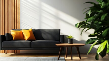 Modern living room with dark sofa, yellow pillows, wooden coffee table, indoor plant, and natural sunlight creating a cozy atmosphere.