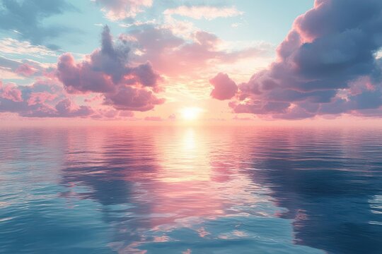 tranquil dawn seascape hyperrealistic digital painting of serene ocean at sunrise soft pastel sky reflects on glassy water surface evokes sense of peace infinite possibilities