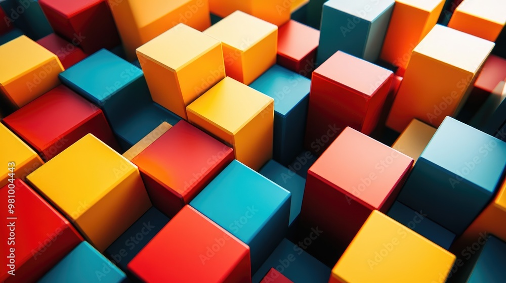 Poster colorful three-dimensional cubes with prominent edges, arranged in a dynamic geometric pattern that 