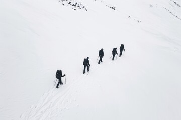 Sillhouette Black and white people hiking amoung snow recreation outdoors footwear.