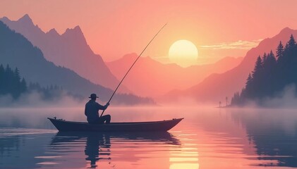 Anime style of a Man fishing on a wooden boat at sunrise