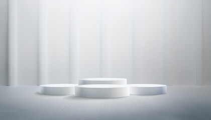 Modern abstract empty white room with three podiums in the center, product presentation template or winning ceremony background