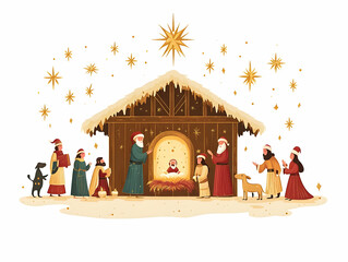 Naklejka premium Flat Santas Floating Christmas Nativity Scene Vector Illustration: Showcase Intricate Details in Mid Air Defying Gravity Against a White Background