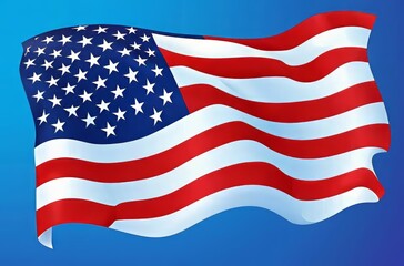 Waving American flag against a blue background representing patriotism.