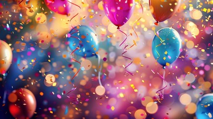 This vibrant celebration background features a cheerful mix of colorful balloons, sparkling confetti, and festive streamers.