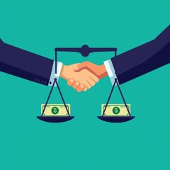Business Handshake Balanced on Scale with Dollar Bills